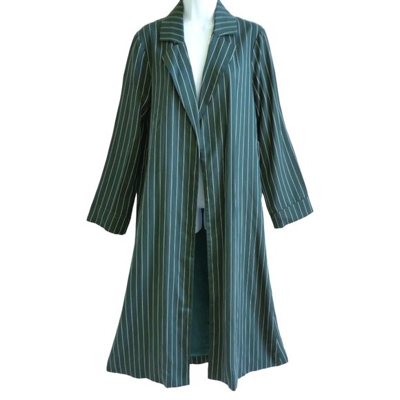 Privacy Please Tessa Trench Coat Duster Dark Green Pinstripe Lined Academia XS